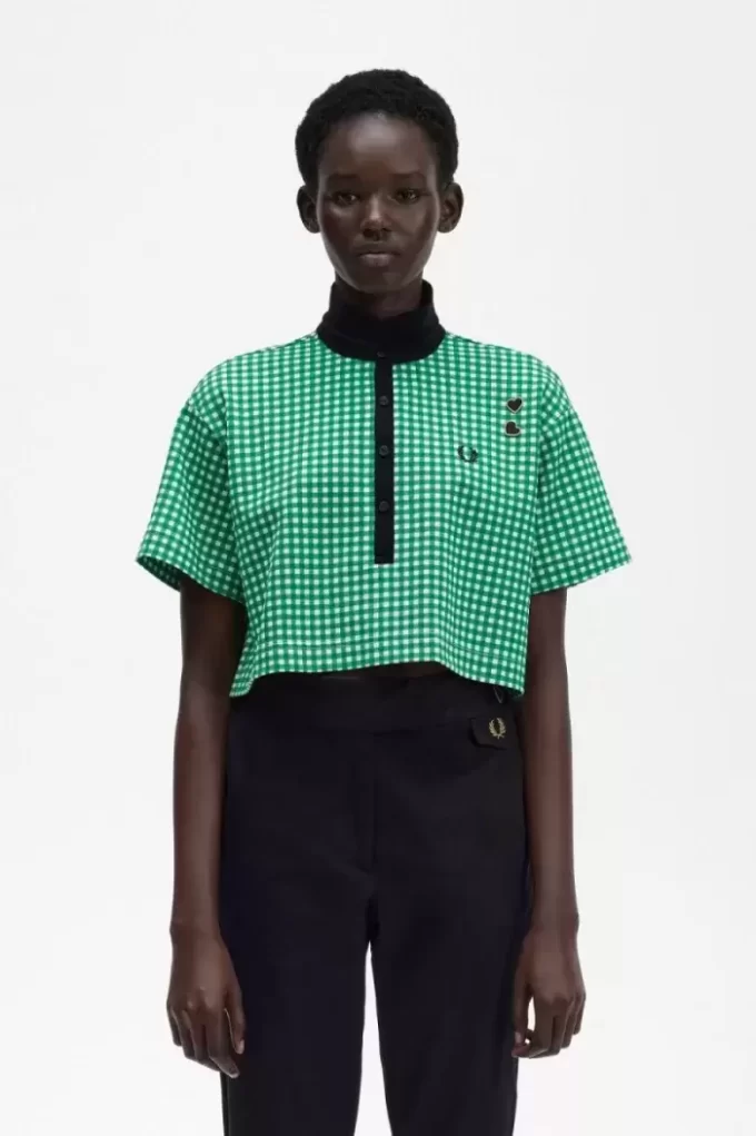 Beskuren Gingham-pikétröja för kvinnor Beskuren Gingham-pikétröja för kvinnor