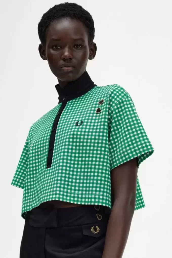 Beskuren Gingham-pikétröja för kvinnor Beskuren Gingham-pikétröja för kvinnor