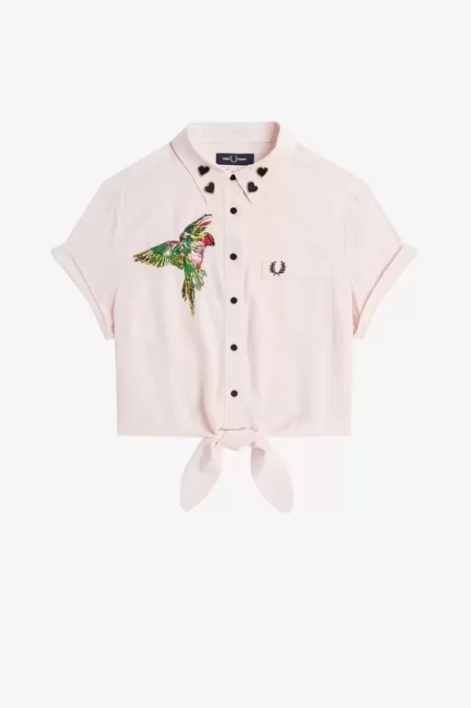 Broderad damskjorta med knytband