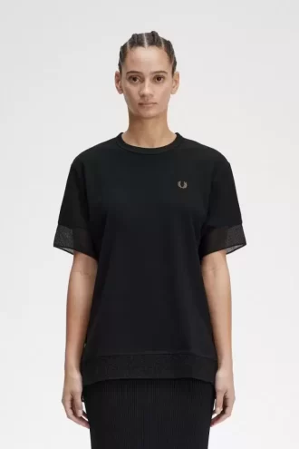 T-shirt med piquédetaljer och transparent mönster, dam