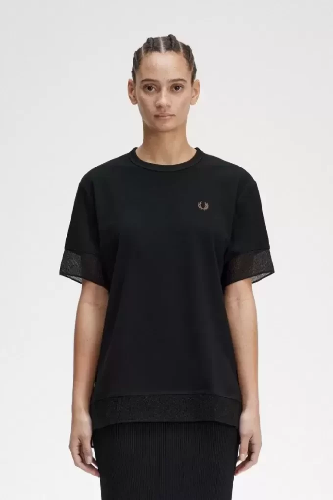 T-shirt med piquédetaljer och transparent mönster, dam T-shirt med piquédetaljer och transparent mönster, dam