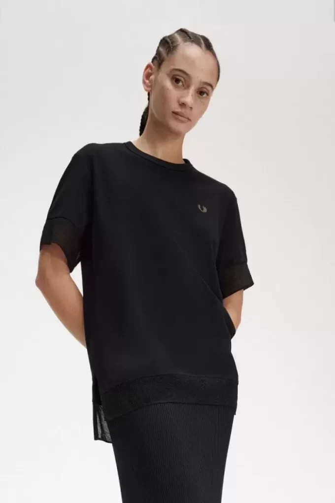 T-shirt med piquédetaljer och transparent mönster, dam T-shirt med piquédetaljer och transparent mönster, dam